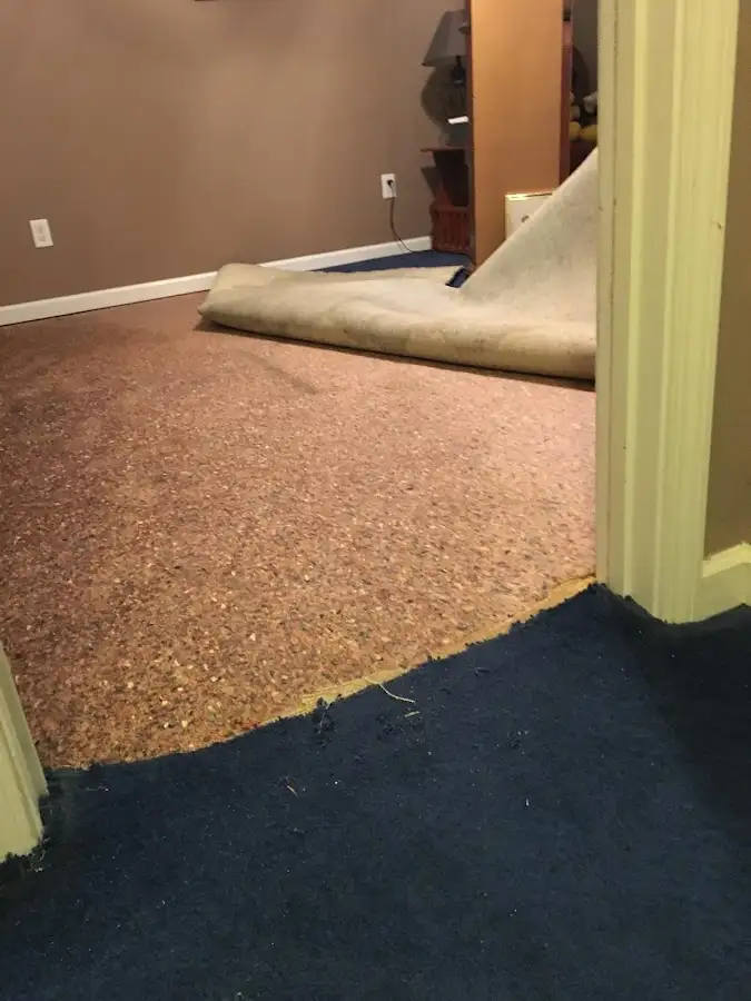Carpet pad removal revealing water damage during Water Mitigation Services in Pleasure Point